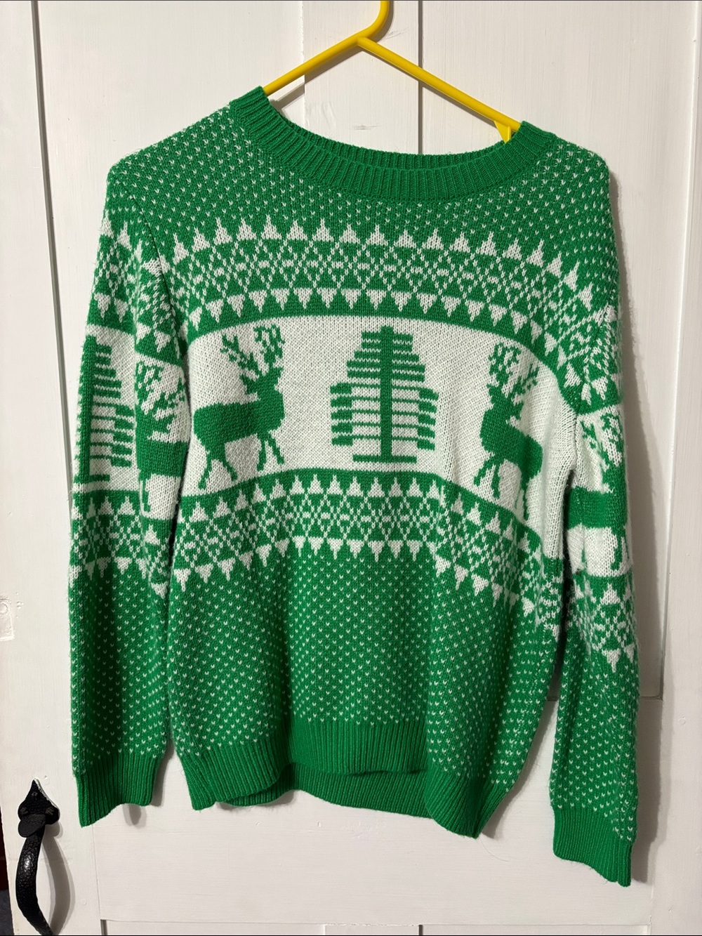 Green and White Reindeer Pattern Knit Sweater - Women's